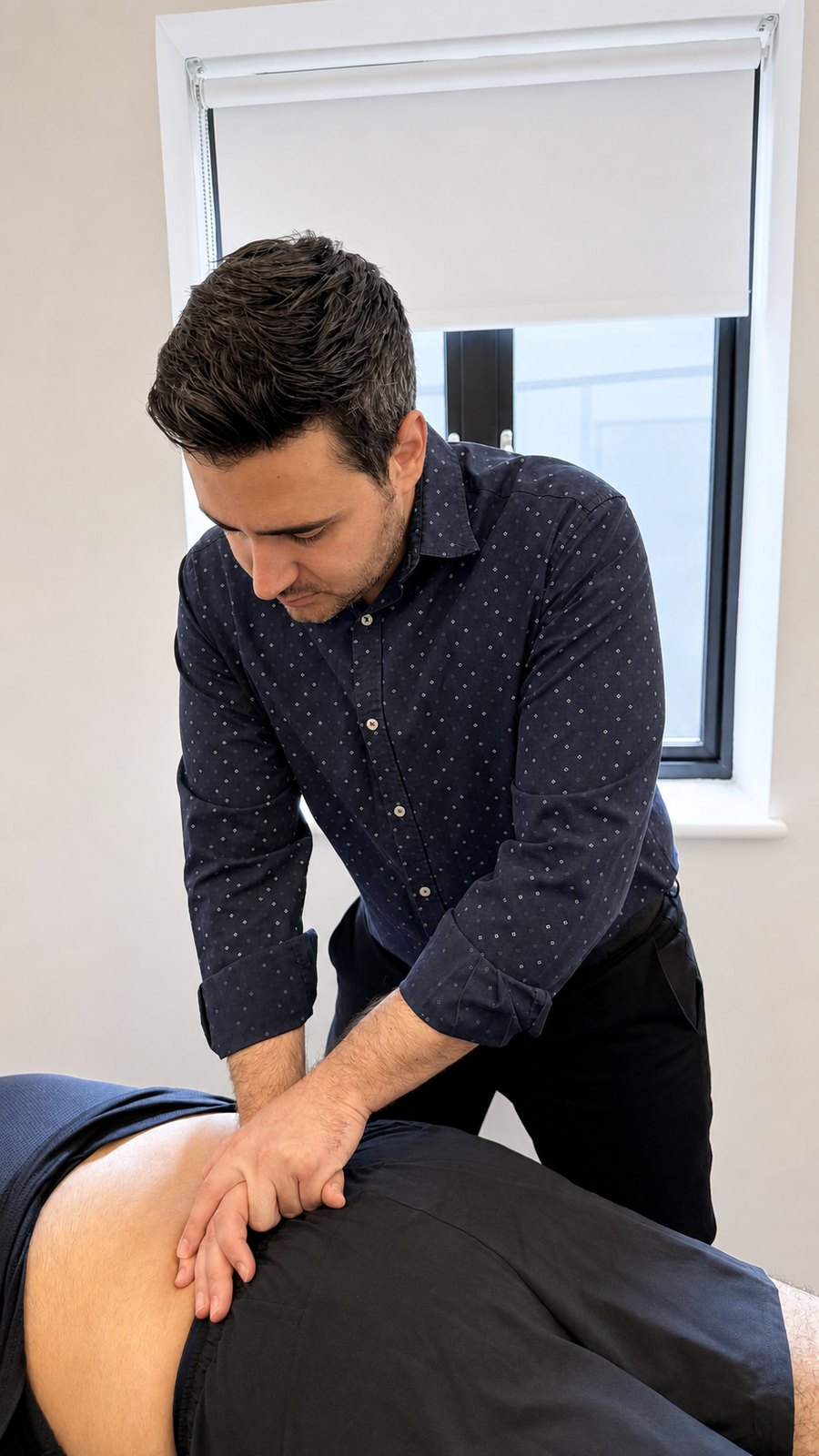 Physiotherapist providing hands-on manual therapy to a patient's lower back