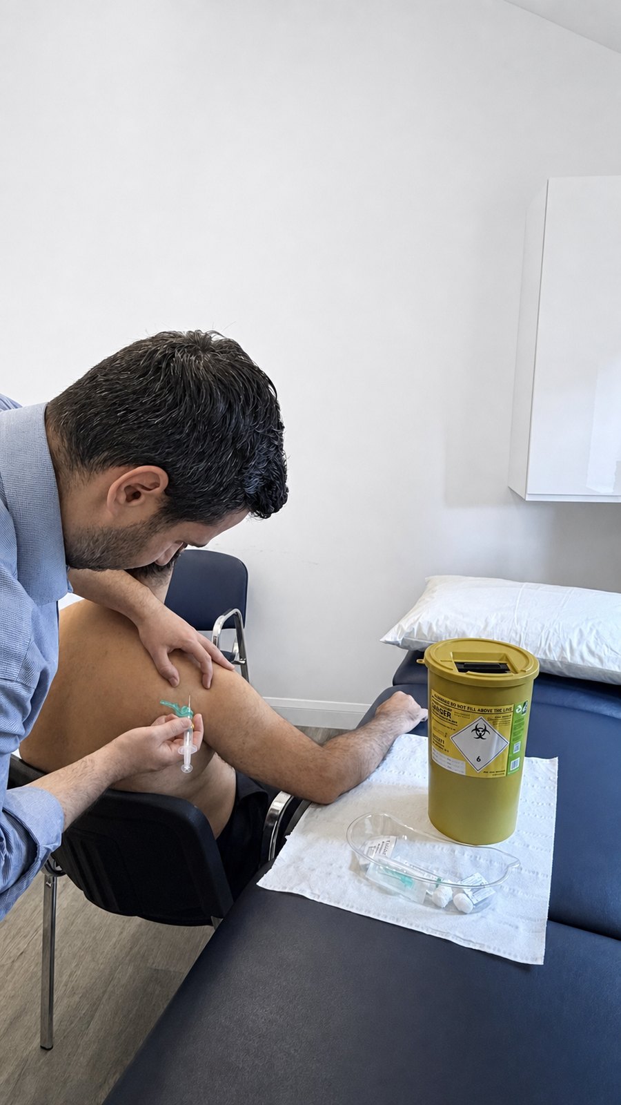 Physiotherapist administering a steroid injection to a patient's shoulder